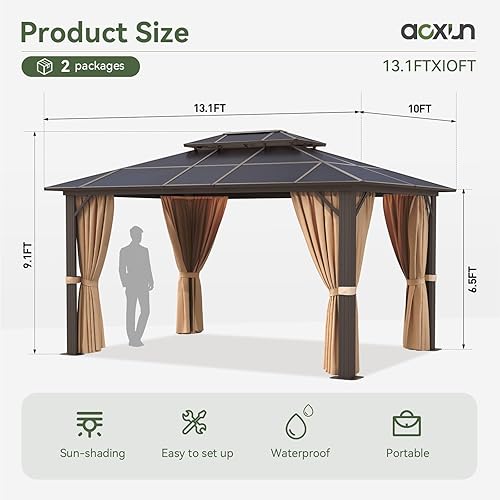 Vista 3 de Aoxun - Gazebo con techo rígido para jardines, patios con cemento o césped, pabellón permanente de policarbonato con doble techo, marco de aluminio
