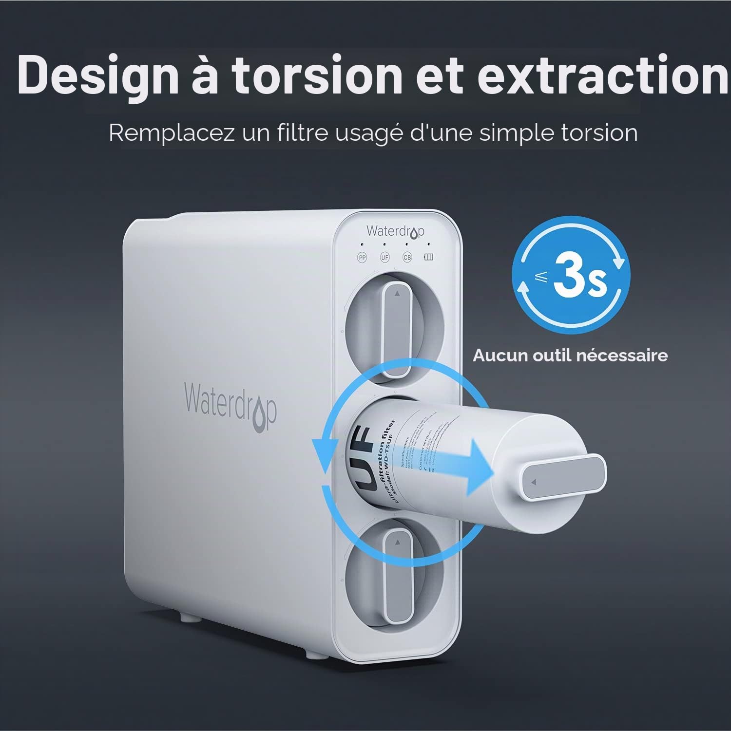 Waterdrop TSUF Ultra Filtration Filtre à eau sous table de remplacement pour Waterdrop TSU-W Système de filtration à eau 3 niveaux Ultra Filtration sous table 0,01 micron