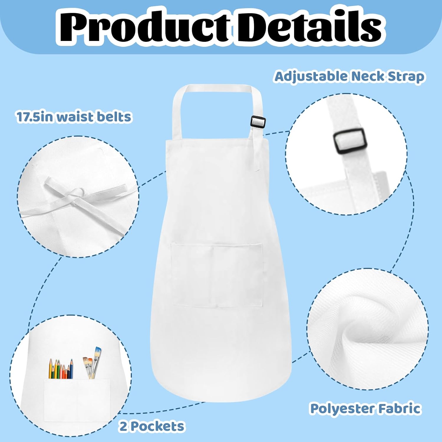 75 Pcs Kids Aprons Bulk with 2 Pockets for Girls Boys Adjustable Chef Apron for Cooking Painting, 6-12 Years (White, L)