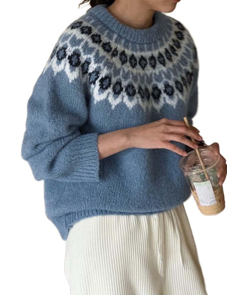Mywinway Fair Isle Sweater Women Fall Winter Vintage Graphic Boho Long Sleeve Crew Neck Casual Fuzzy Knit Pullover