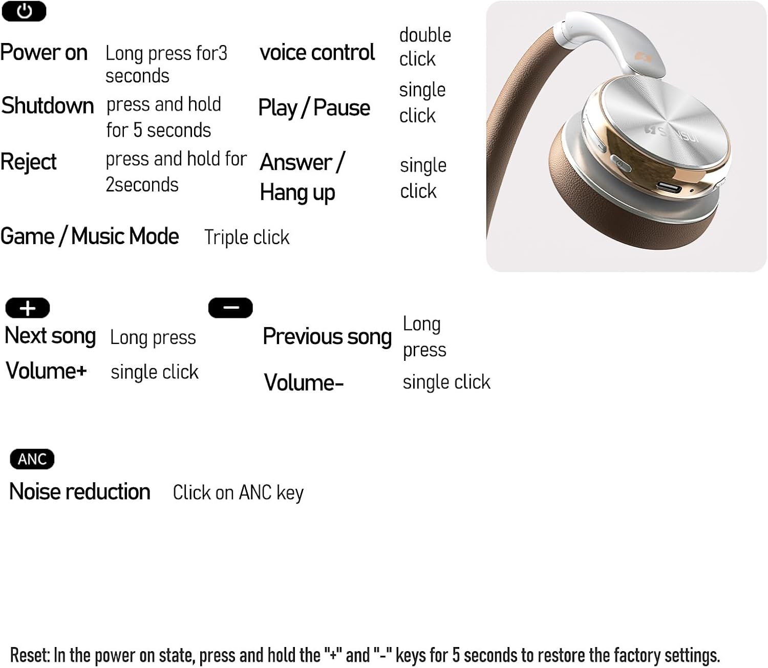 SANSUI ANC Wireless Headphones,Over Ear Headphones with 50H Battery Life,Active Noise Cancelling,Deep Bass,Memory Foam Ear Cups,Travel,Office,Bluetooth 5.4, Adjustable Headband, DT11 (Brown) - Image 9