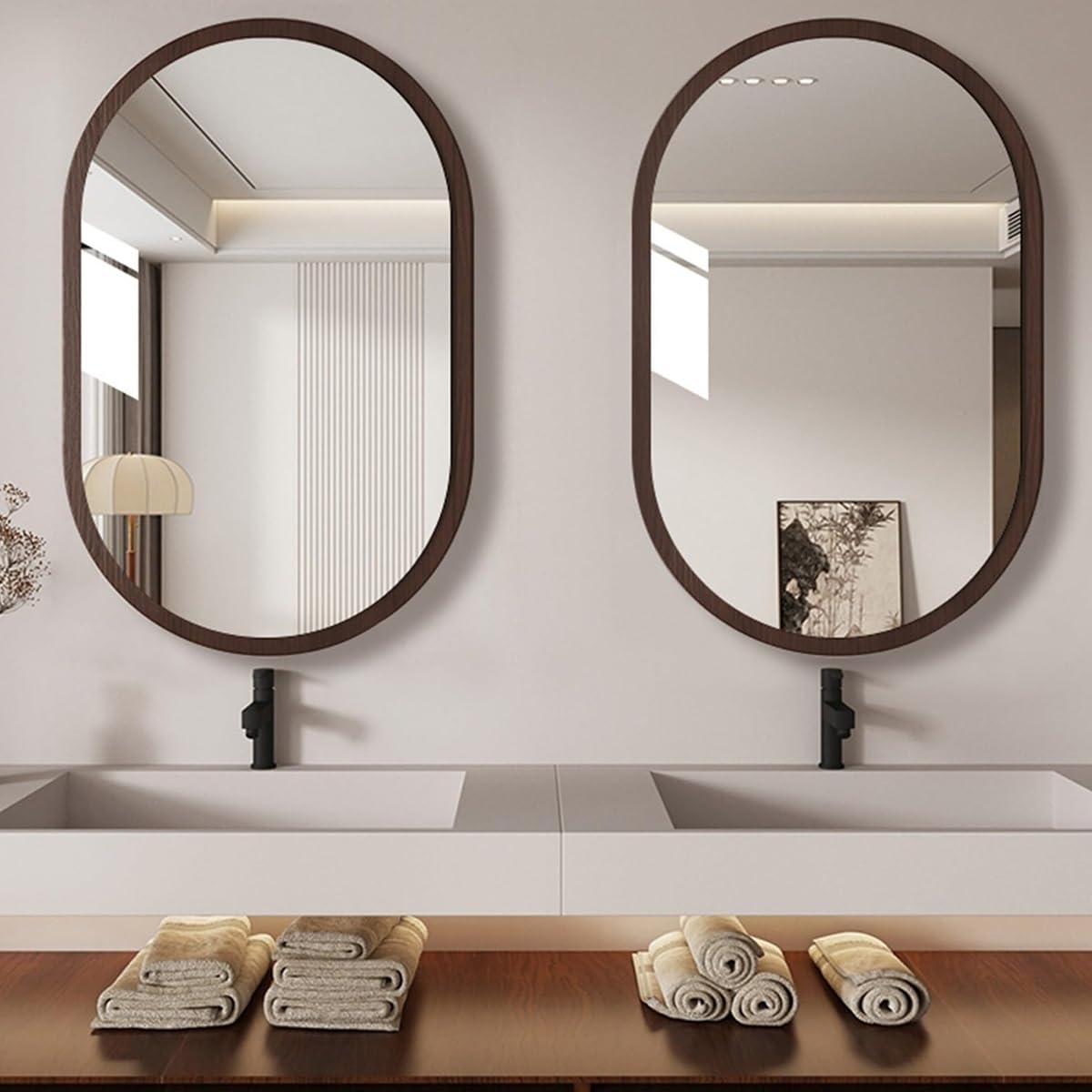 Miroir ovale mural pour salle de bain, entrée, chambre à coucher et salon - Noyer portable - Deux tailles (46 cm x 60 cm)