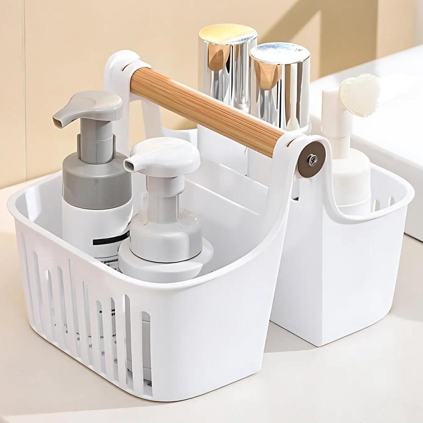 Panier de douche portable design moderne et poignée en bambou noble