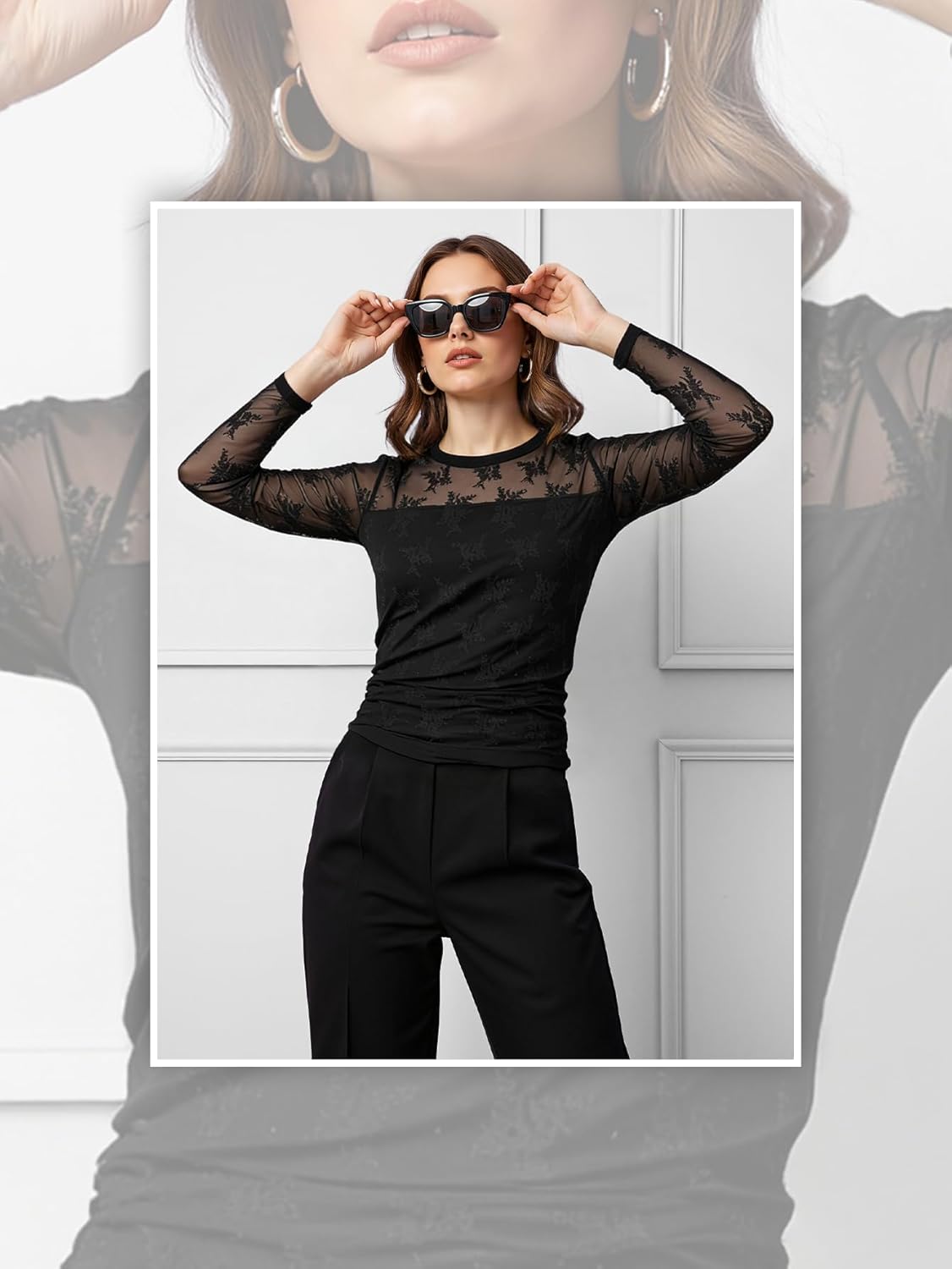 Women’s Lace Long Sleeve Tops Sexy Mesh Sheer Crew Neck Going Out Double Layered Blouse - Image 2