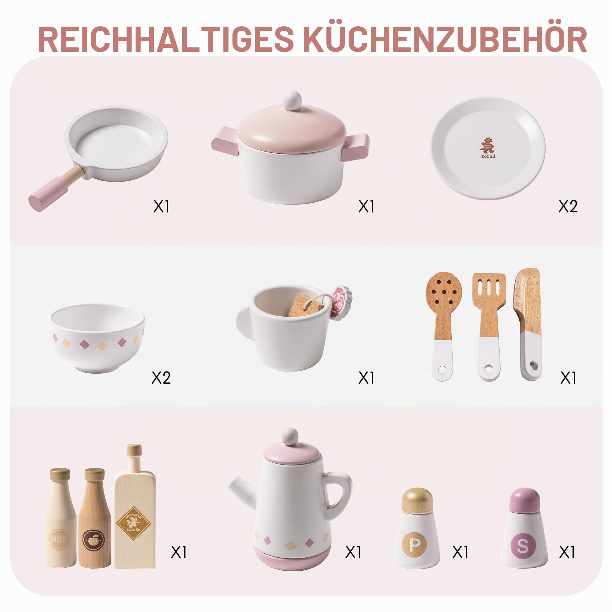ROBUD Spielküche für Kinder Kleinkinder, Spielküche aus Holz mit realistischem Zubehör, Spielzeugküche Set mit vielen Spielfunktionen, moderner Stil Spielzeugküche für Mädchen & Jungen, Geschenk ab 3