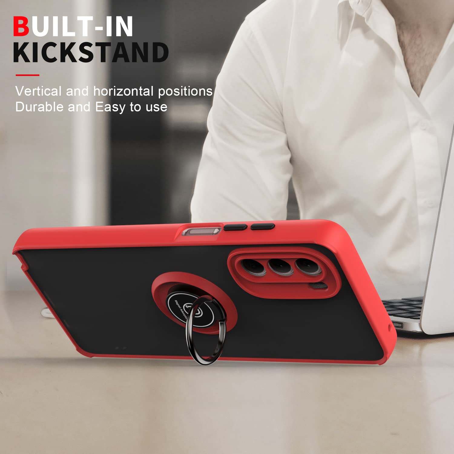 DESSEN Cover per Motorola Moto E32 4G, Morbida in Silicone TPU Ultra Sottile, Custodia con Supporto per Anello Girevole, Antiurto Antiscivolo Bumper Case. Rosso