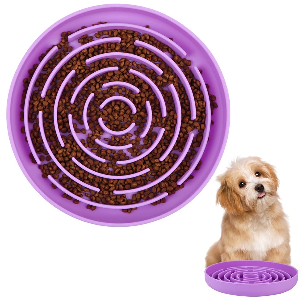 OFFCUP Slow Feeder Dog Bowl, Anti Choke Anti Bloat Eating Food Bowl with Suction Cup, Silicone Healthy Diet And Slow Digestion Dog Feeders Suitable For Small Medium Large Pets (Purple)