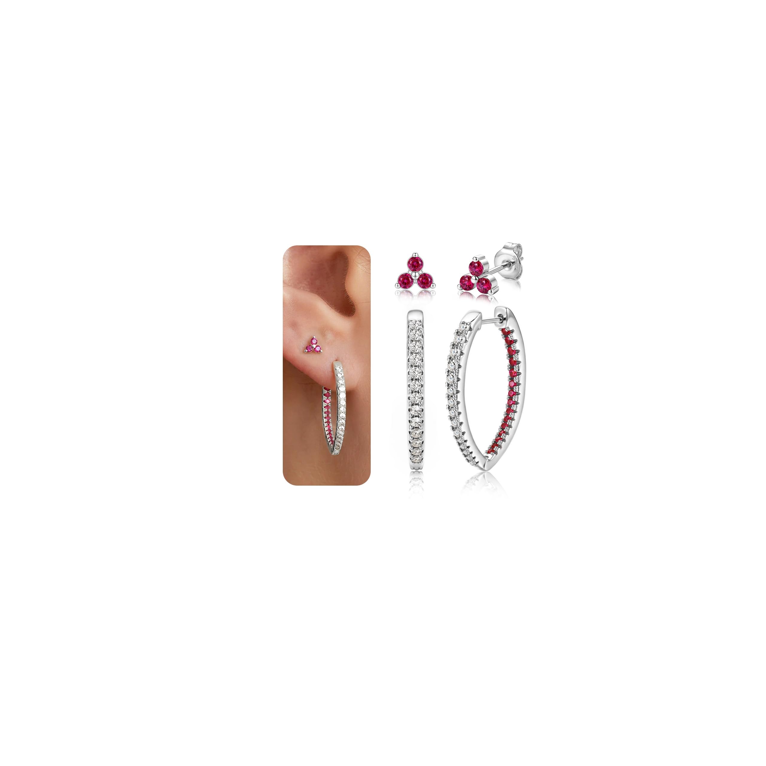 BodyBonita Pendientes Mujer Aros, S925 Plata de Ley Poste Pendientes Hipoalergenicos Mujer con Circonita Magenta, Delicado Aretes de Oro de Cartílago en Oro 16K Plateado para Múltiples Perforaciones
