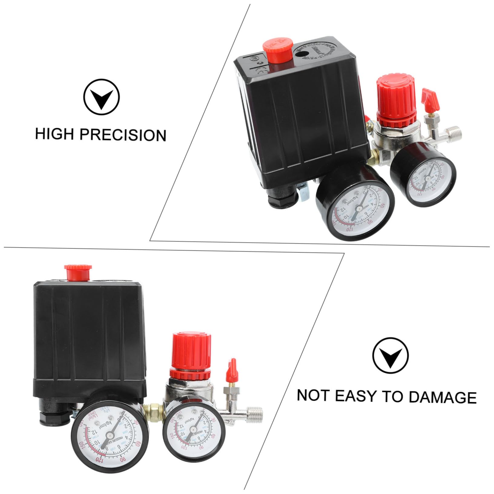 Artibetter Set Valvola di Controllo Pressione per Compressore d Aria a 4 Fori, Manometro, Plastico e Ferro, 220/380v, per 0,5-0,8mpa