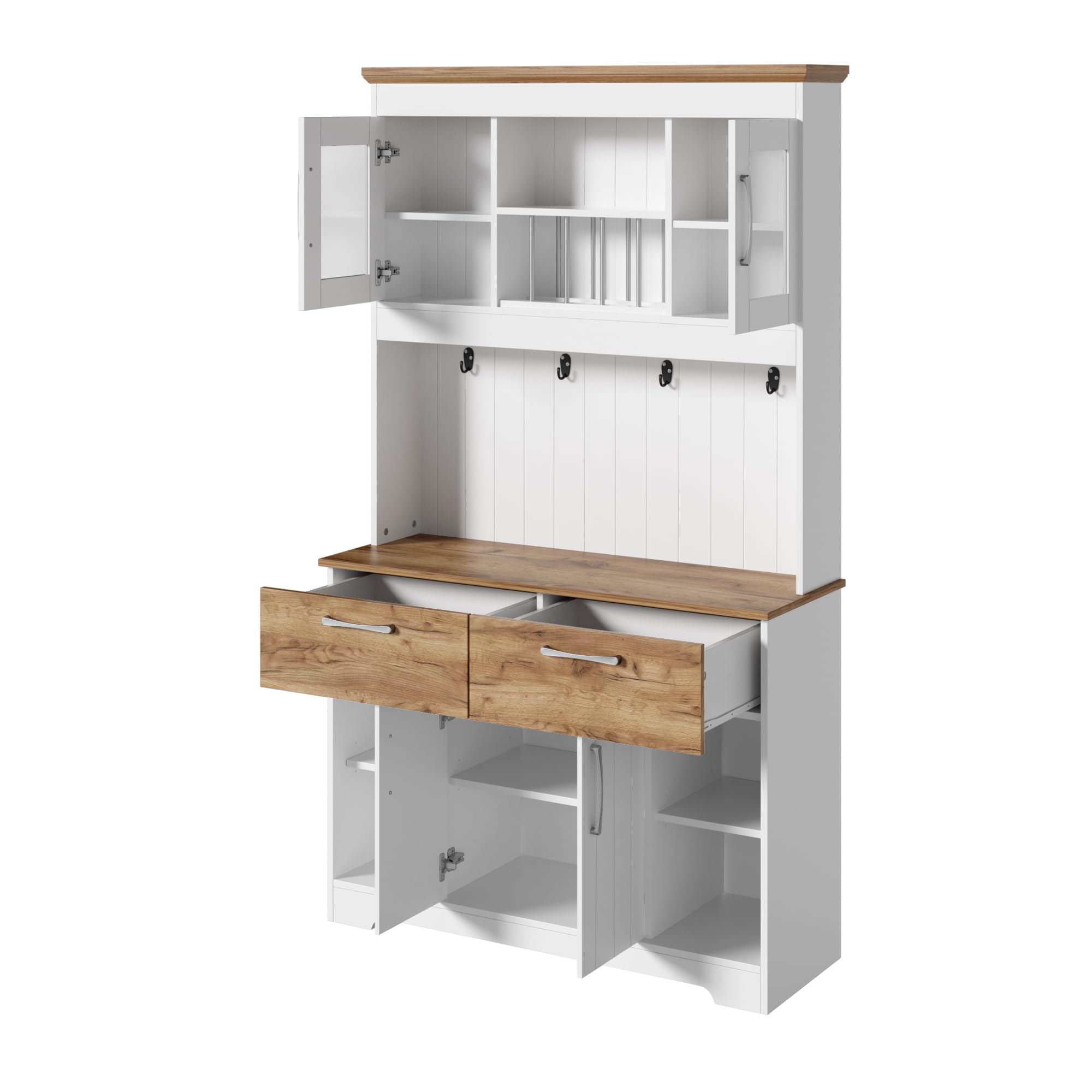 TIZZ Credenza da cucina con vetrine, 2 cassetti, ante, barra appendiabiti, 106 x 39 x 176,5 cm, moderno, per cucina, sala da pranzo, corridoio, naturale, bianco
