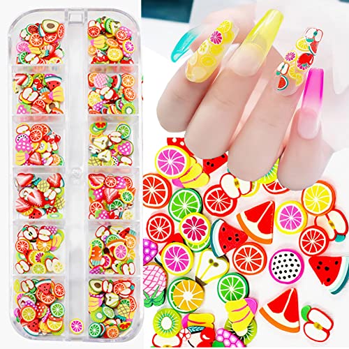 3D Fruit Nail Art Slices, Fruit Clay Flakes Nail Art Charms 3D Color Lemon Strawberry Cherry Avocado Summer Decoration Manicure Tips Design Supplies Glitter Nails Accessories For Diy Crafts 12 Grids #TOP4
