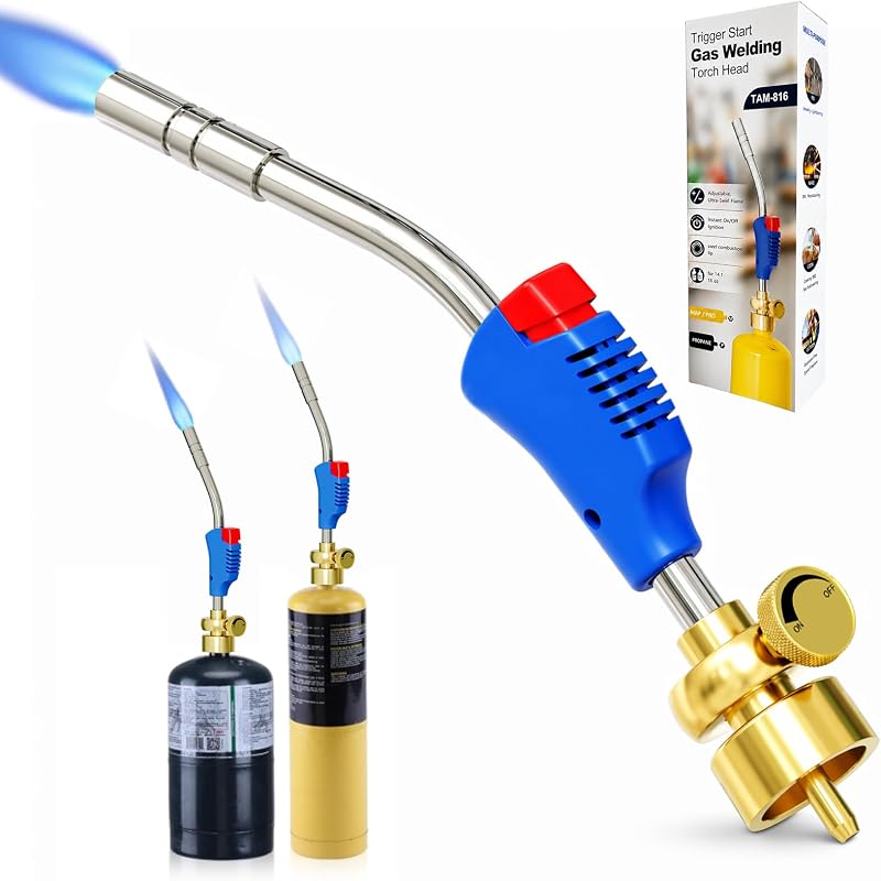 Mapp Gas Torch Head, 360° Rotatable Propane Torch, Welding Torch | Built-In Igniter, Adjustable Flame, MAPP & Propane Compatible, 1200°C Max Temp, Stainless Steel & Brass Build