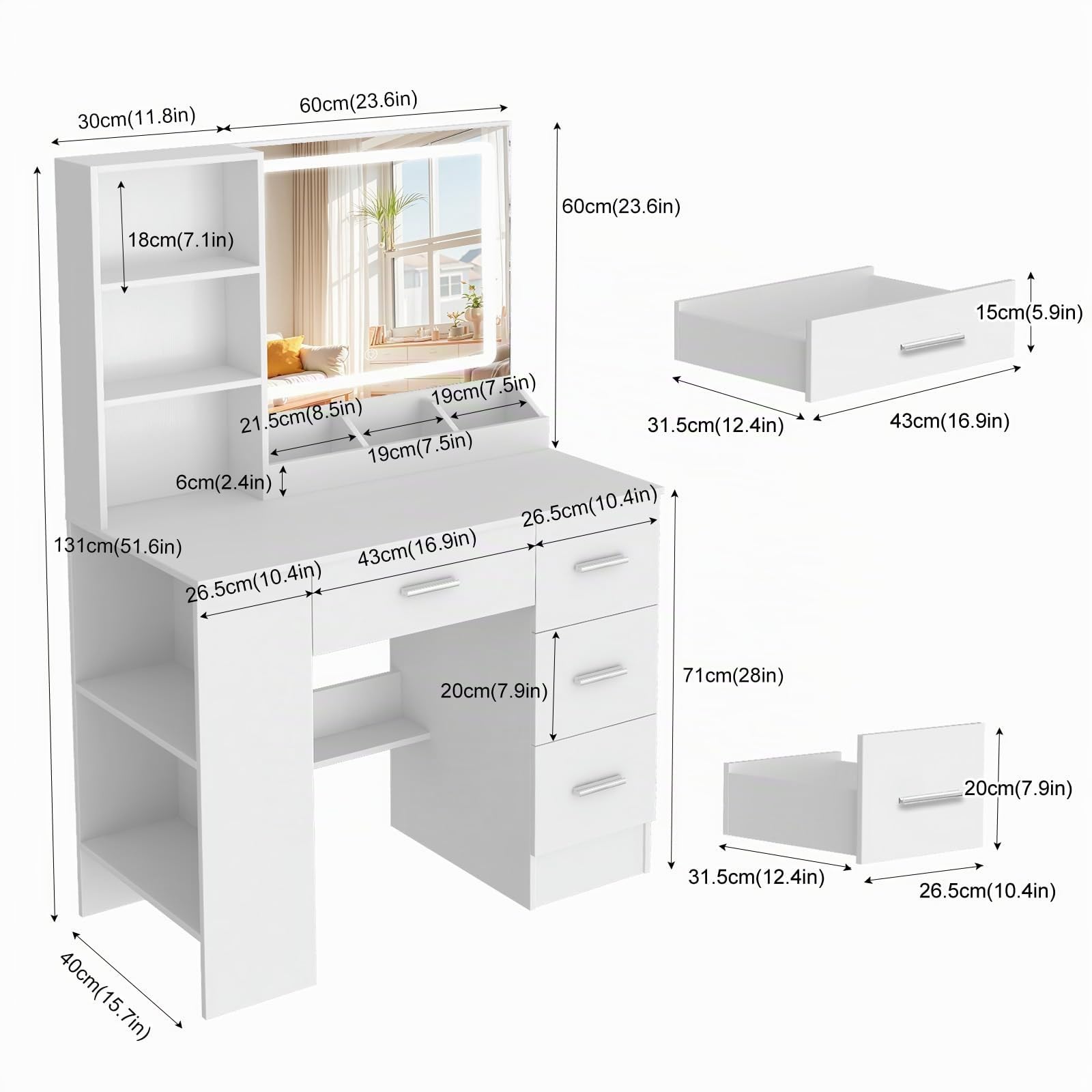 Schminktisch mit Spiegel und Beleuchtung 90 cm Breit, 2-stufiger Seitenschrank, Frisiertisch mit LED Spiegel, 4 Rechte Schubladen, 3 Farben mit Einstellbarer Helligkeit Weiß, Silbergriffe