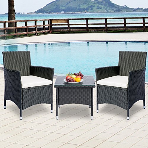 Merax 3 Piece Wicker Outdoor Patio Furniture Set Pe Rattan Sectional Garden Sofa With Tempered Glass Table And Beige Cushion Black Wantitall