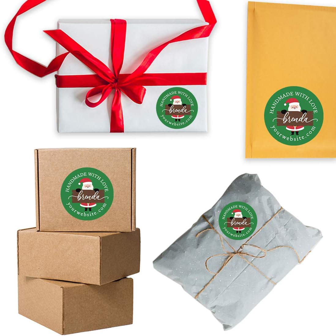Andaz Press Personalized Christmas Round Small Business Sticker Labels, 2 Inch Round, Handmade with Love, Custom Name and Website, Santa Claus Design, Packaging Stickers, 120-Pack