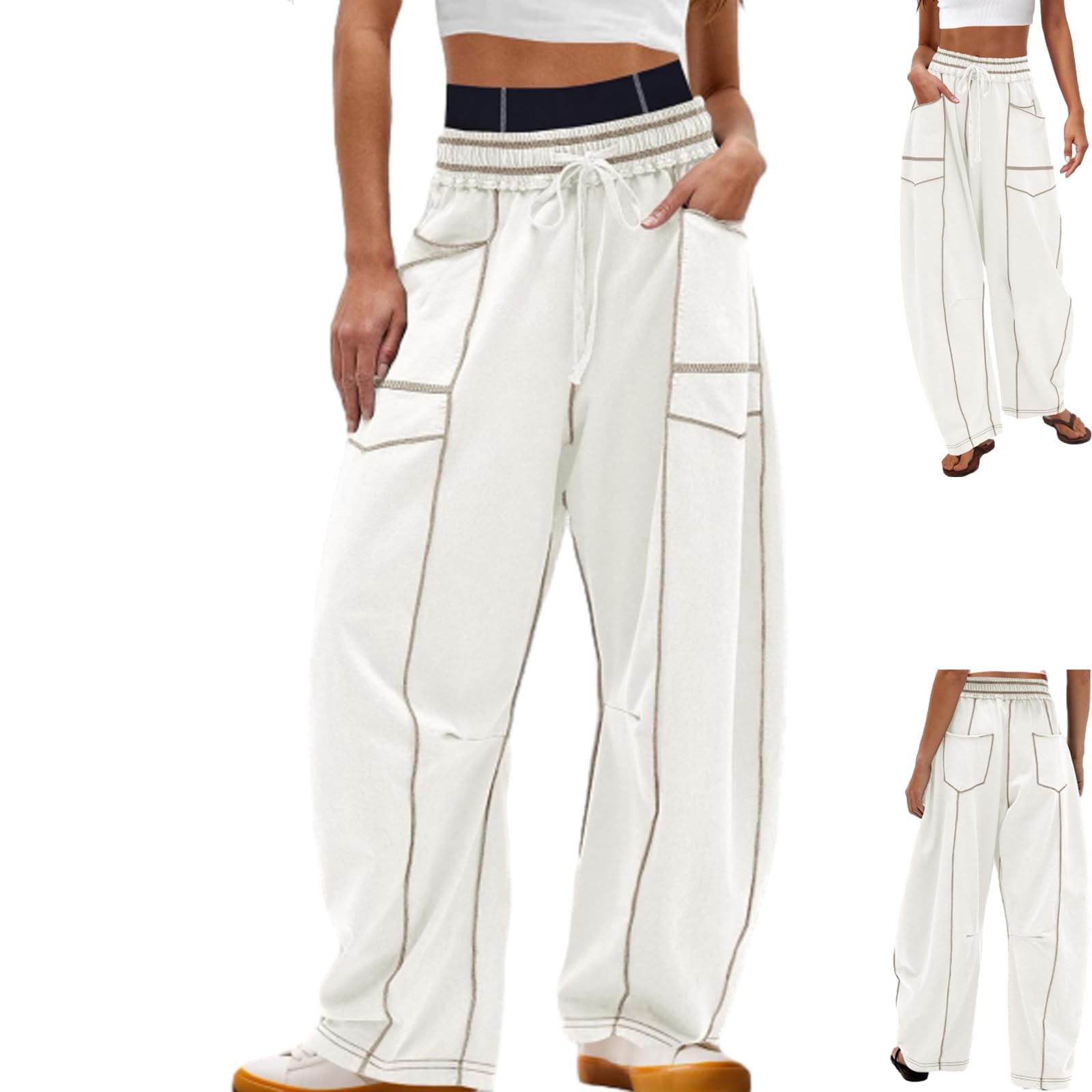 Casual Wide-Leg Pants Drawstring Waist Casual Sweatpants Loose-Fit Womens Pants with Pockets