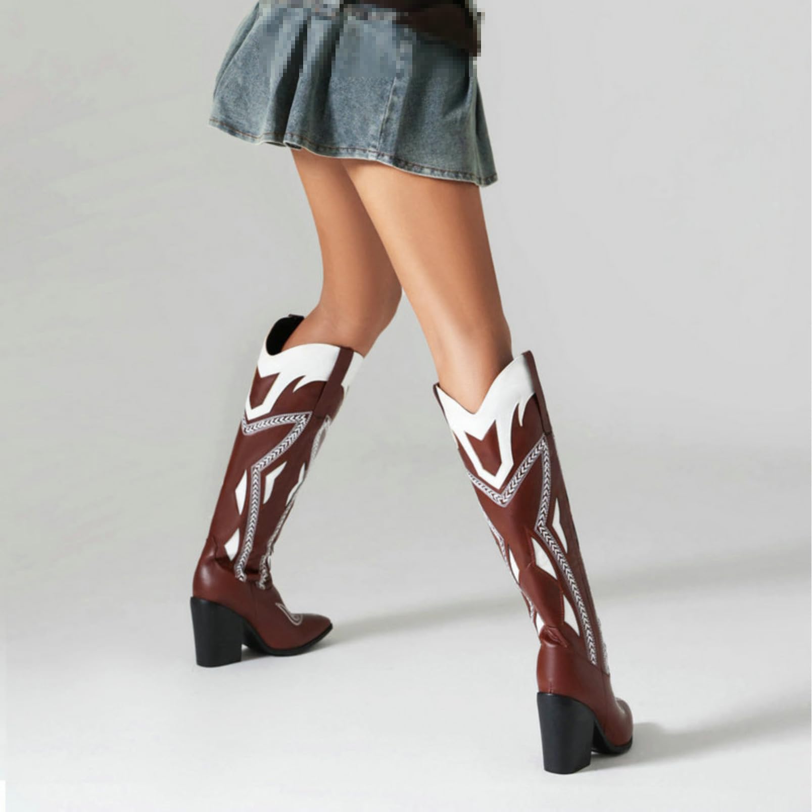 Genérico Botas Mujer Oeste Bordadas - Estilo Montar Retro hasta la Rodilla con Tacón Ancho para Confort Diario