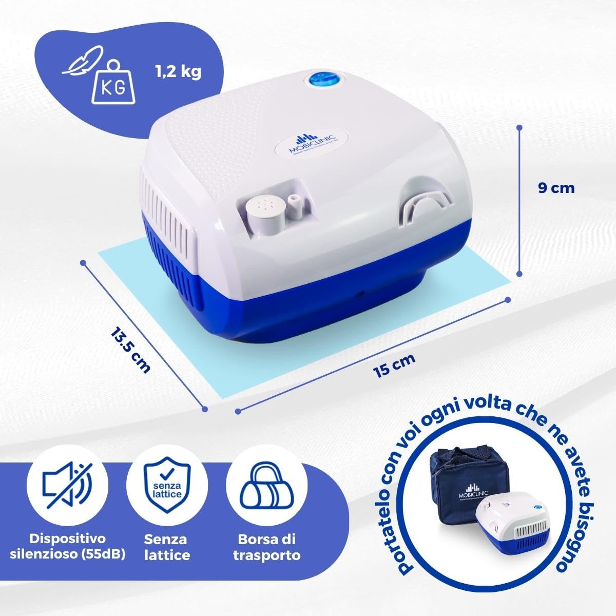 Mobiclinic®, Aerosol con compressore, Neb-2, Portatile, Per bambini e adulti, Borsa da trasporto, Trattamento delle malattie respiratorie, Maschere di varie dimensioni, 5 filtri dell'aria
