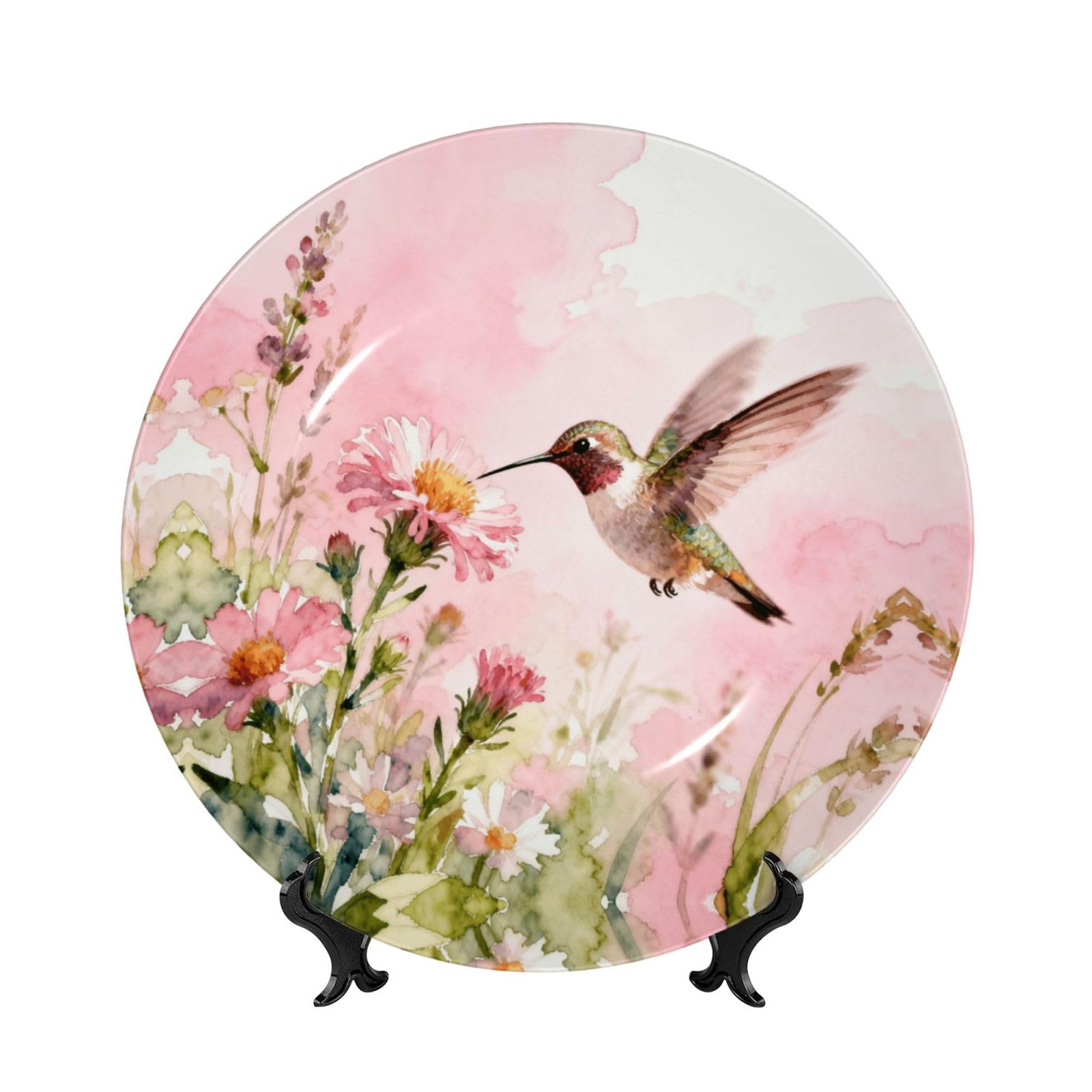 SXZVVBN Hummingbird Bone China Decorative Plate Art with Stand Removable Adhesive Hanging for Home Office 7in