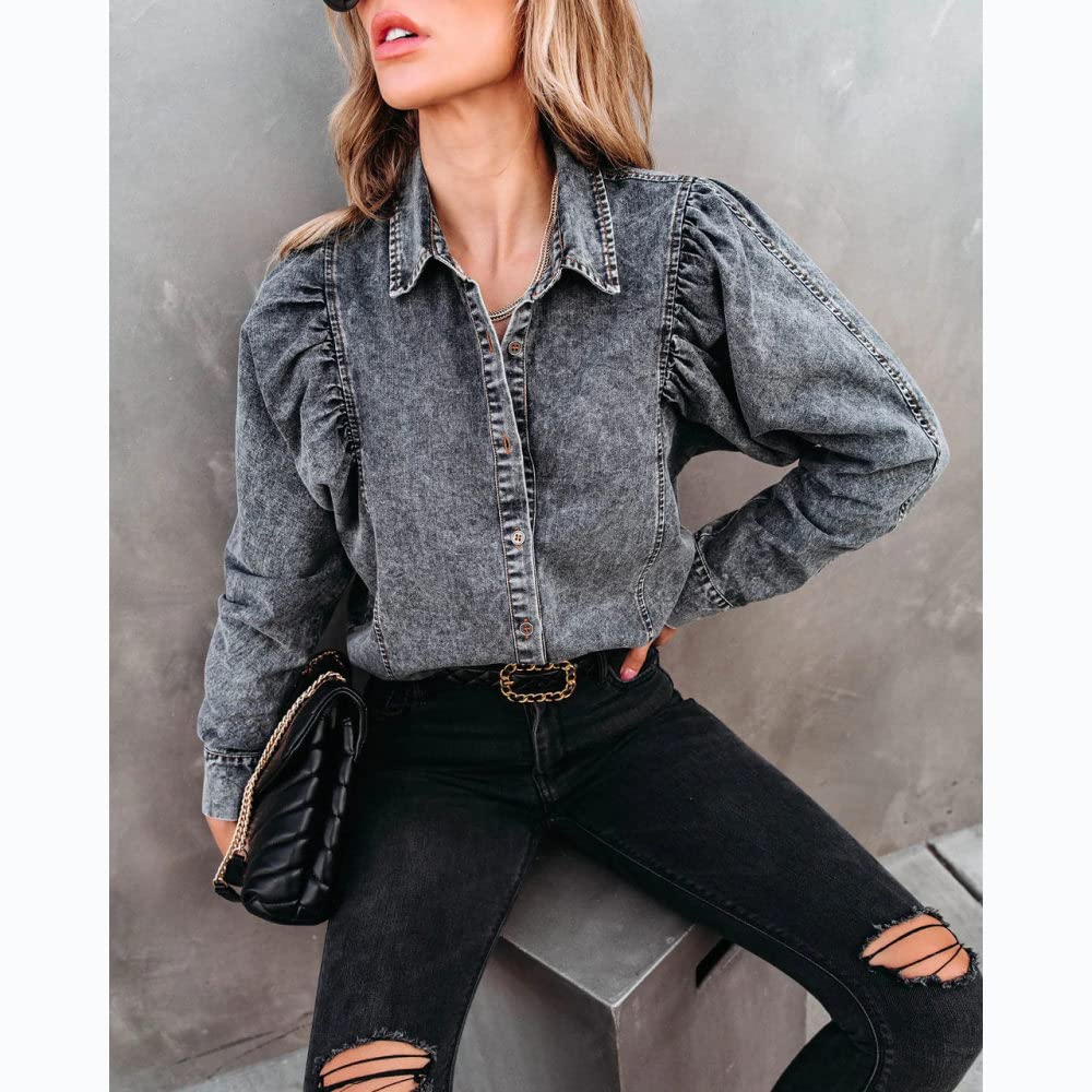 MIDJ Elegantes Lässiges Langarm-Top,Damen Vintage Denim Blusen Hemd Langarm Lässige Knopfhemd Jacke Graues Revers Gesteppte Brusttasche Blusen Tunika Leichte Jeans Modisches Sweatshirt Für Mädchen