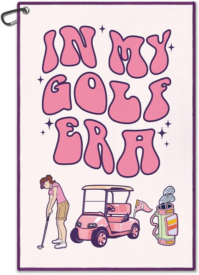 in My Golf Era Printed Pink Towel, Funny Bag Towels for Women with Clip, Accessories for Ladies, Gifts for Golfer Player Lover, Woman Golf Towel