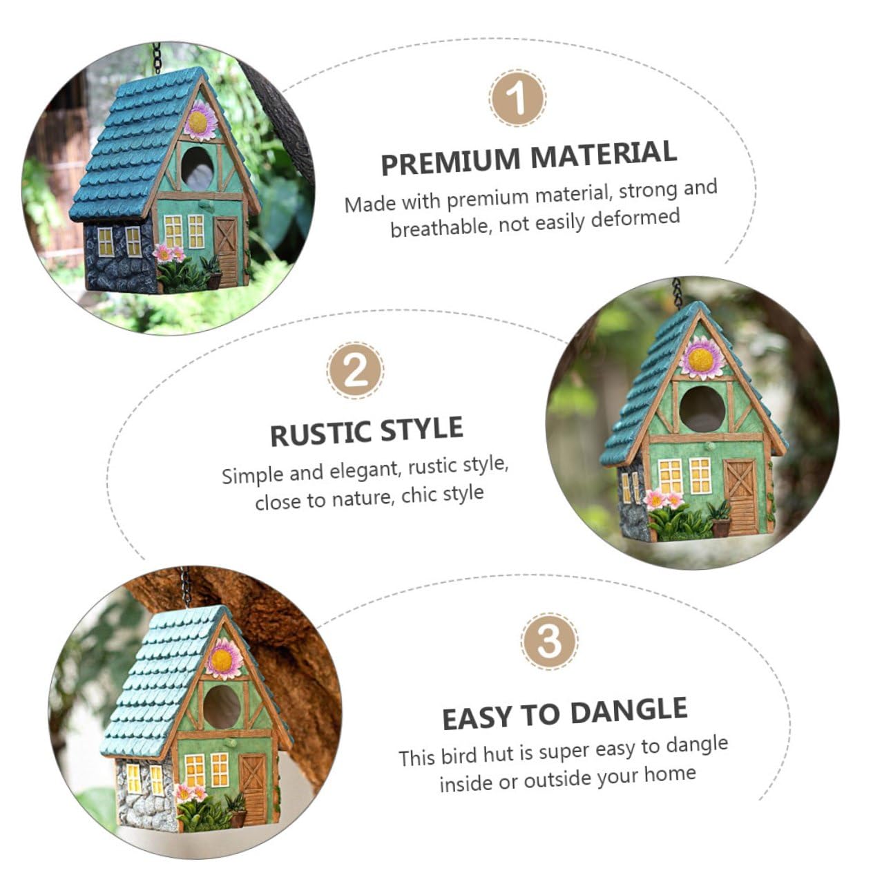 DOITOOL Casita de Pájaros Exterior de Resina Estilo Rústico, Refugio Cálido y Ventilado para Aves, Decoración Natural para Jardín y Patio
