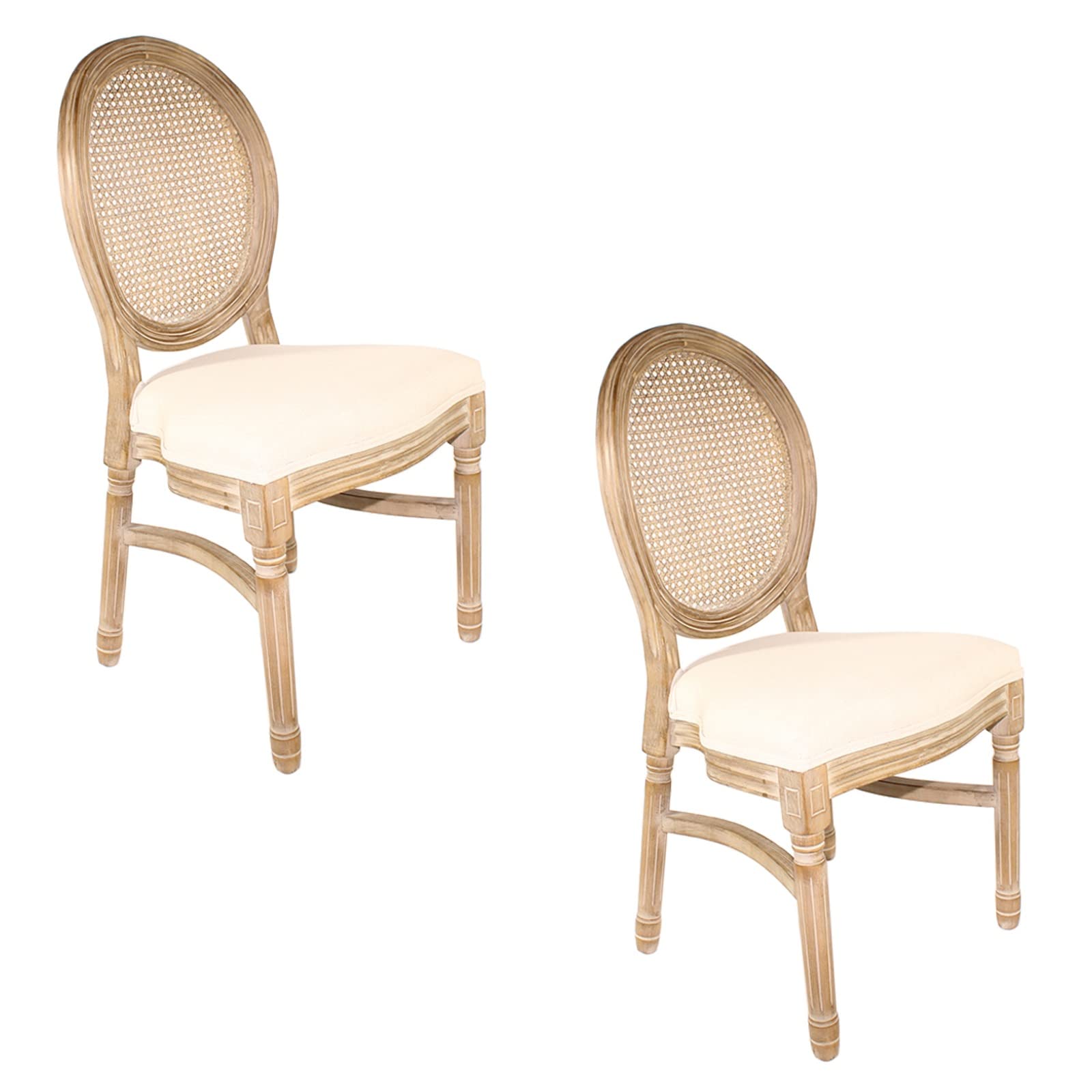 Solycarpa Pack 2 Silla Luis XVI Tapizada, Elegante y Apilable, con Respaldo de Ratán, Color Beige. Silla Ergonómica con Efecto Decapado, Cómoda y Resistente, para Eventos, Bodas y Catering.