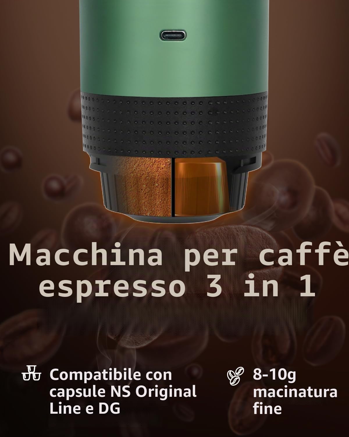 Macchina per caffè espresso elettrica portatile, macchina da caffè da viaggio compatibile con caffè macinato e capsule NS (verde con schermo LCD)