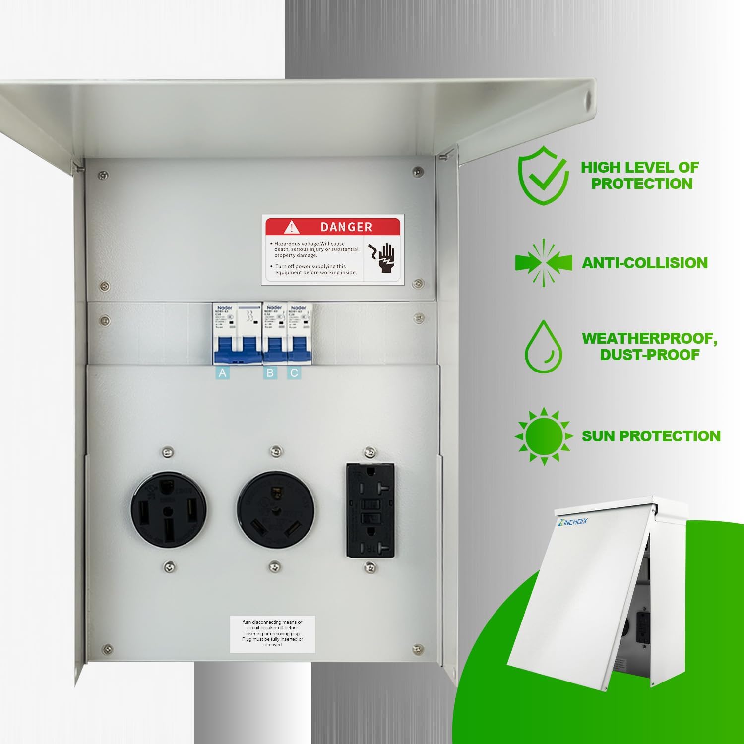 Temporary Power Outlet Panel, RV Electrical 20 30 and 50-Amp Receptacle with Breaker,Prewired Unmetered, Weatherproof