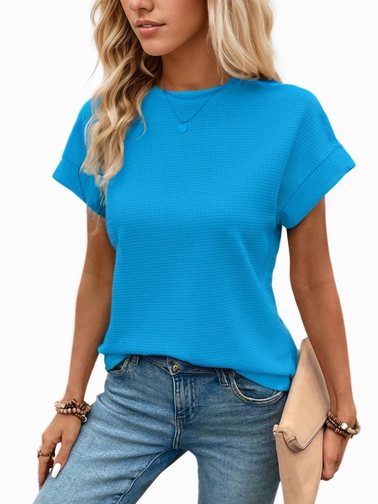 GLEENOD Tshirt Damen Sommer Rundhals Basic Tops Kurzarm Tunika Elegant Waffelstrick Blusen Weiß Schwarz Oberteile