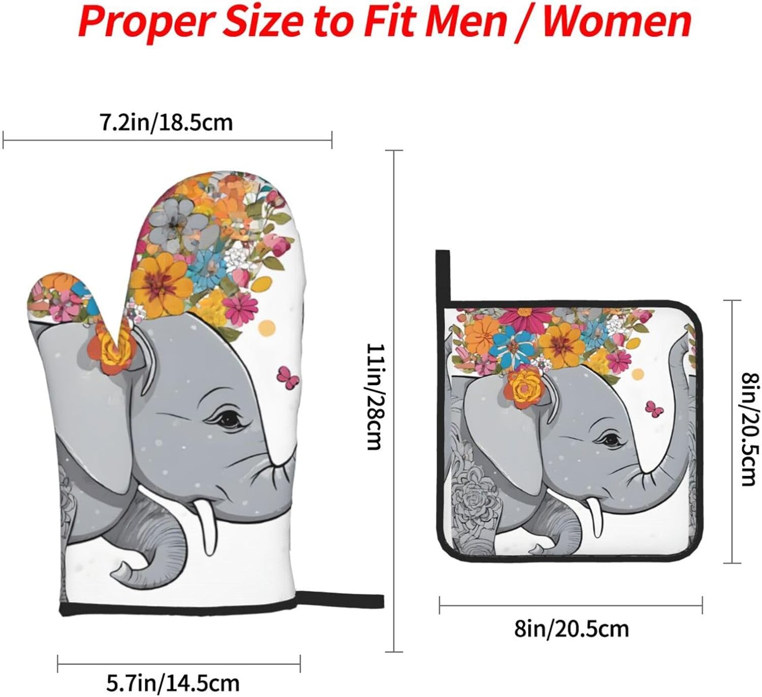 (Elephant with Flower) Baking 4-Piece Set: 2 Oven Mitts and 2 Pot Holders Heat Resistant Waterproof Hanging Loop for Kitchen Oven Grill Housewarming Gifts