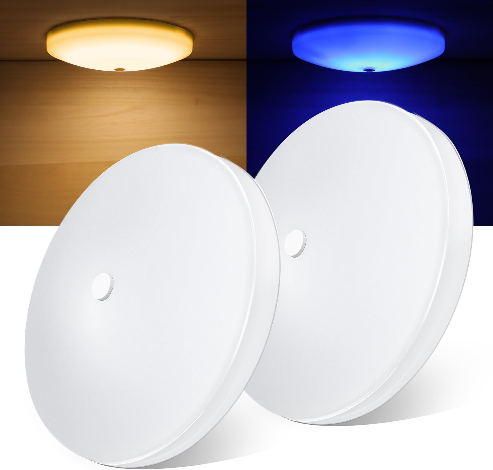 2 Pack RV Interior Ceiling Dome Light 4.5 Inch, Press Dimmer Switch & Blue Nightlight,12V Dimmable Puck Light for Motorhome Trailer Fifth Wheel Truck Coach Enclosed Trailer(3000K)