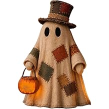 Lighted Vintage Patchwork Ghost, 3.94'' Light Up Ghost with Pumpkin Lantern