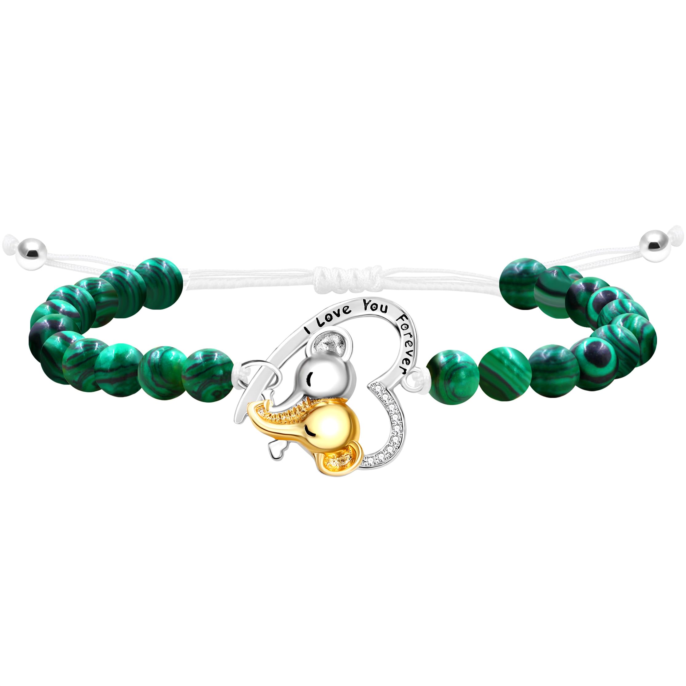 Double Elephant Heart Charm Natural Crystal Bracelet, Treatment Stone Bracelet Calm Stretch Bracelet Women's Stress Relief Gift for Moms I Love You Couple Jewelry