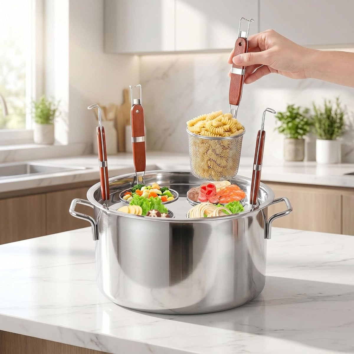 Juego de cocina de pasta comercial, máquina de cocción de fideos de acero inoxidable con agujeros de 3/4/5 y filtros para una fácil preparación de espaguetis, ideal para restaurantes y uso doméstico