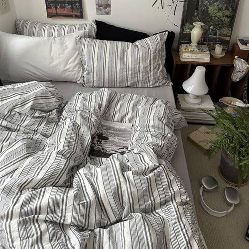 Image of mixinni Washed Cotton Duvet Cover Twin Set - 3 Piece Gray & White Striped Bedding with Pillowcases | Vintage Industrial Style | 100% Cotton Soft Breathable-Twin Size