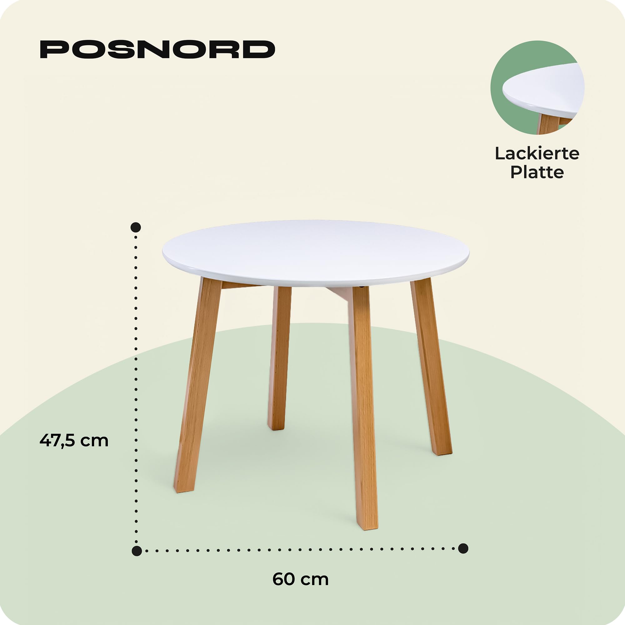Couchtisch Rund Ø 60 cm Höhe 47.5 cm | Beistelltisch Couch Holz mit Buchenholzbeinen | Wohnzimmertisch Skandinavisch/Sofatisch | Couchtisch Weiß