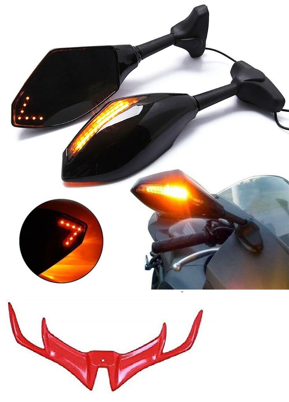 Acube Mart Universal Motorcycle Rearview Side Mirrors with LED Turn Signal Indicator Adjustable Bike Rear View Mirror for R15 V3 + r15 v3 winglet red (Amber Yellow)