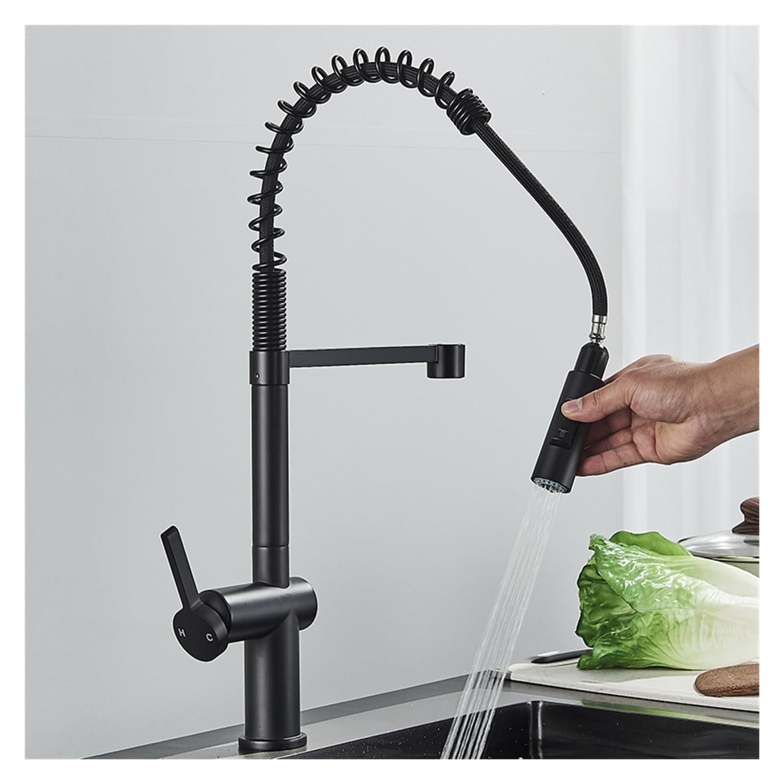 Grifo de cocina extraíble negro mate, mezclador monomando de latón con muelle