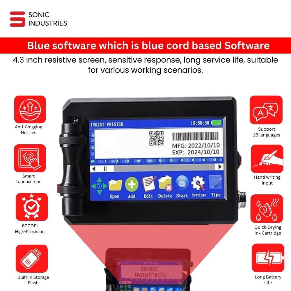 SONIC INDUSTRIES Portable Inkjet Printer for FMCG Product Labeling Handheld Coding Machine with Rechargeable Function for Batch Number MRP Expiry and Barcode Printing on Packaging 2