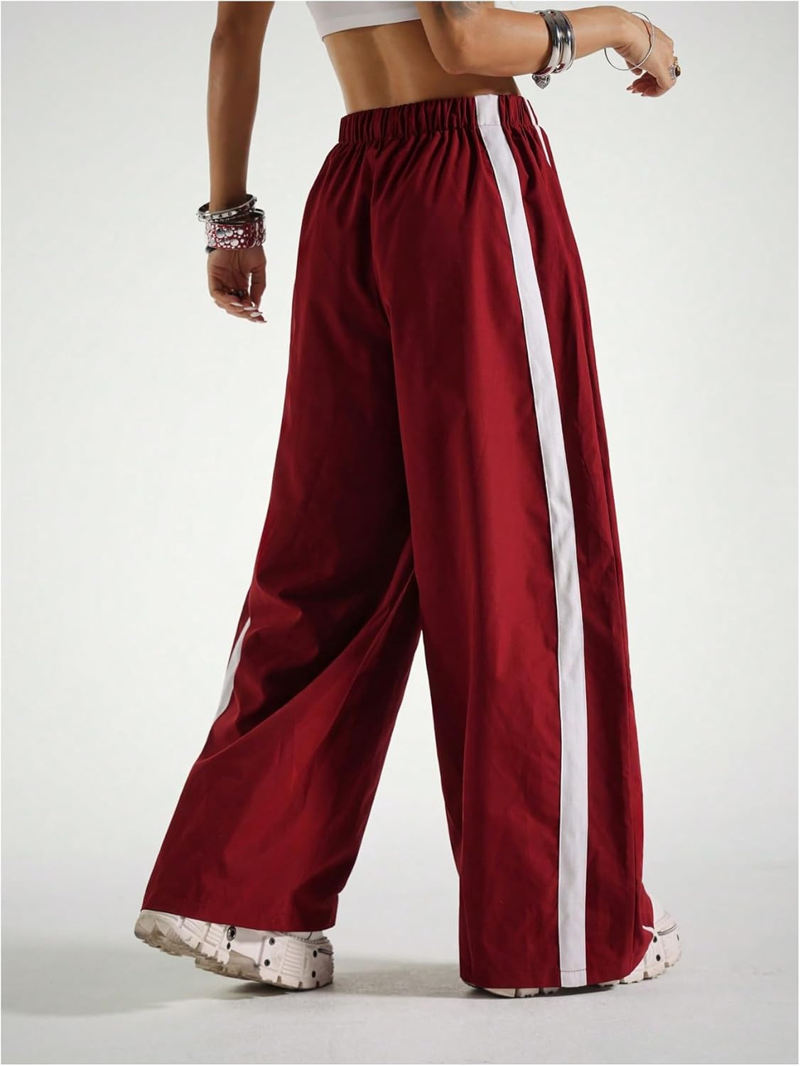 Women's Striped Baggy Pants Drawstring Waist Wide Leg Sports Athletic Trousers - Image 2