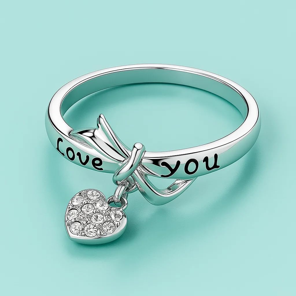 Heart Ring for Women, Love You Engraved Bow Knot Ring with CZ Charm, Cute Romantic Gift for Girlfriend, Anniversary Birthday Jewelry, 18K White Gold Plated R33