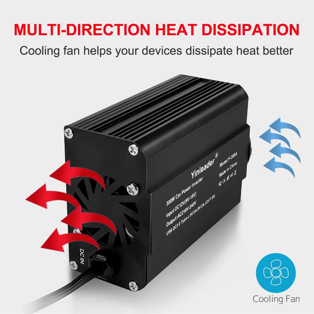 Yinleader Wechselrichter 300W - 12V Auf 230V Mit USB-C & QC 3.0