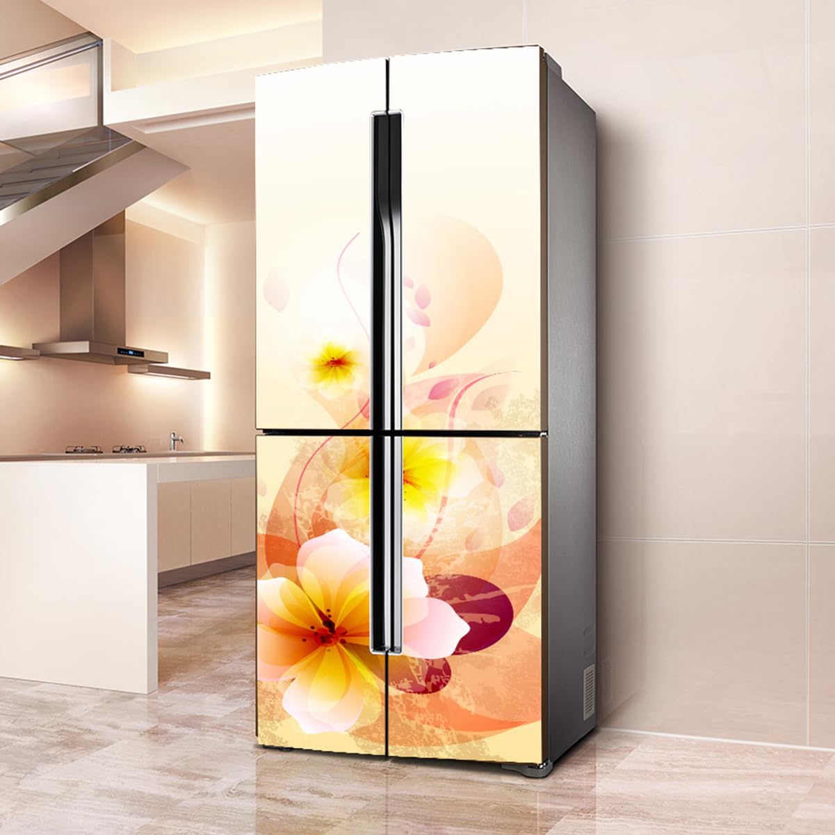 VHcgCGJ Fridge magnet, Full Covering, Freezer Skins Wall Stickers for Kitchen Decal, Yellow Pink Flower(L: 100x180 cm)