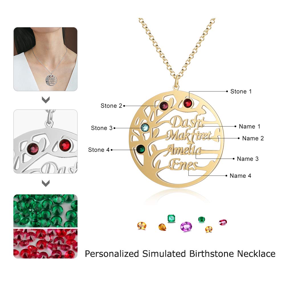 kaululu Collana Donna Albero della vita con Nome Personalizzabile 2-4 Famiglia Bff Nomi Incisione Simulato Pietre Collane Mamma con Nome Ciondolo in 925 Argento Gioielli Compleanno (Gold, 4 name)