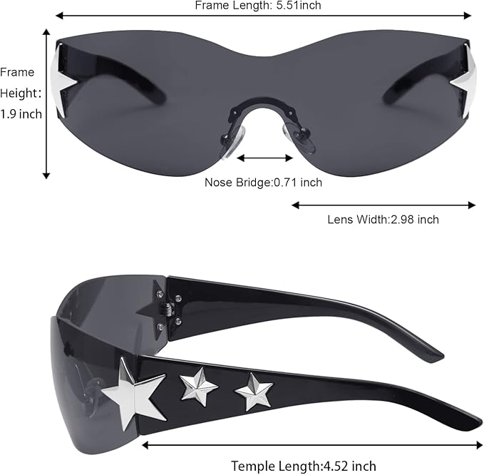 Y2K Sunglasses | Star Wrap Around Glasses | Trendy Fashion | Cool Shield Shades