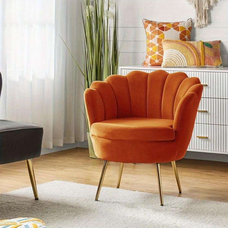 Image of Wooden Velvet Shell Accent Chair, Upholstery, Gold Metal Legs, Channel Tufted Design, Barrel Chair for Living Room, Drawing Room, Bedroom, & Office (Orange)