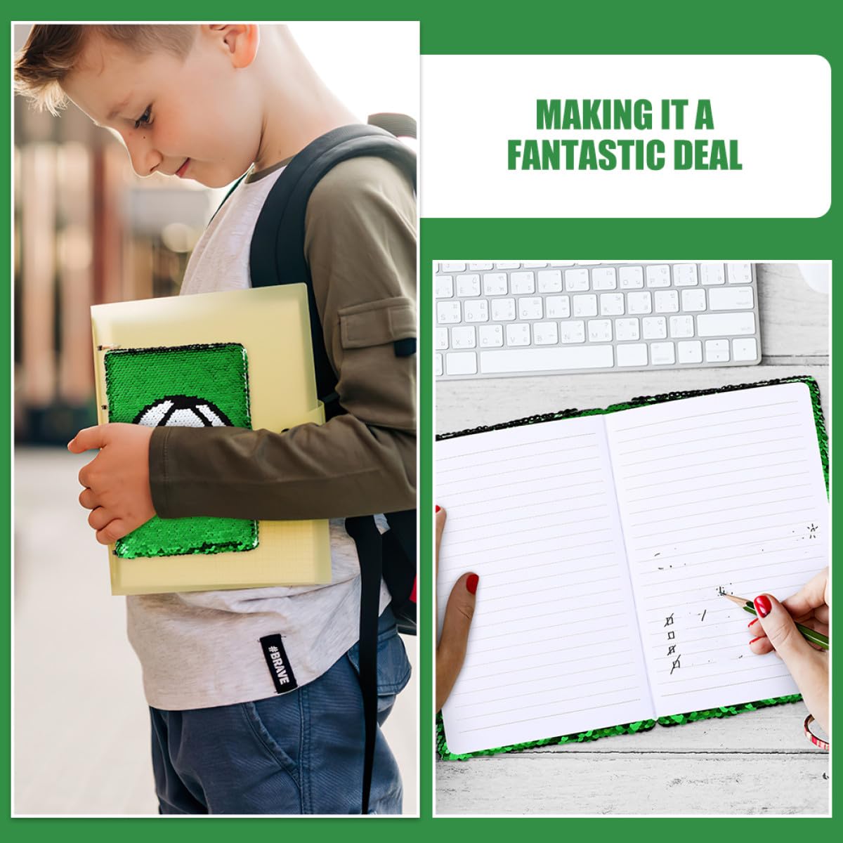 KESYOO Diario con Lucchetto e Paillettes Reversibili Tema Calcio Set 2 Pezzi Quaderno Portatile per Ragazzi e Ragazze Diario Scuola Calcio con Blocco Sicurezza Adolescente