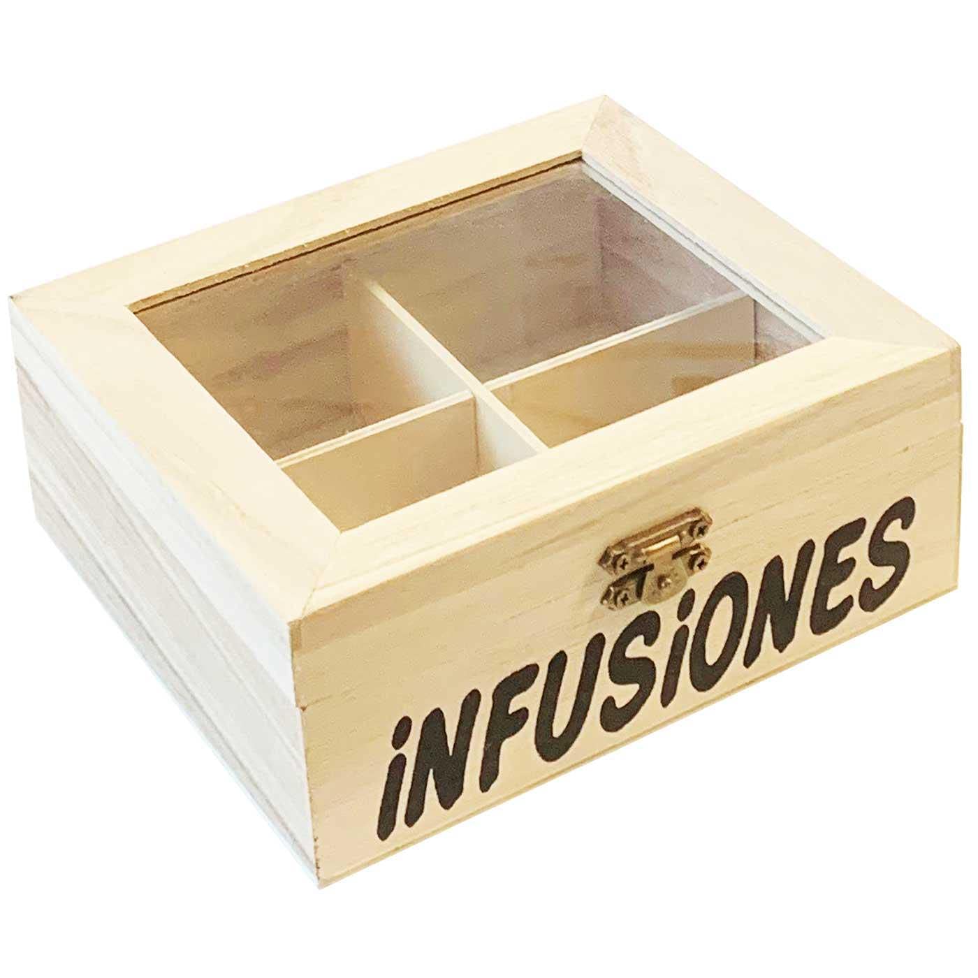 Tradineur - Pack de 6 Cajas de Madera infusiones con 4 Compartimentos 6.4 x 15.8 x 14 cm. Caja, Cofre para Decorar con Tapa, almacenaje té, café