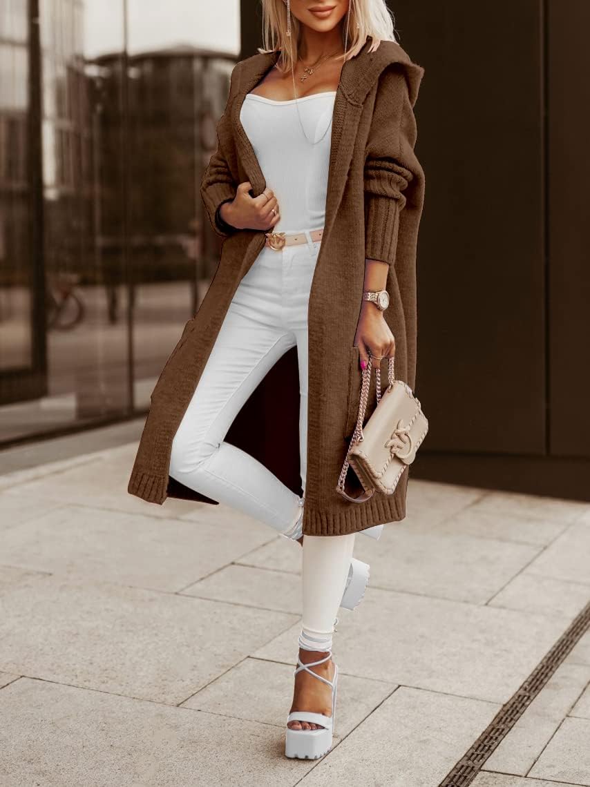 Tongmingyun Chaqueta de punto larga para mujer, cárdigan largo con capucha, chaqueta de punto grueso de invierno, informal, suelto, chaqueta de punto elegante, cárdigan largo y abierto